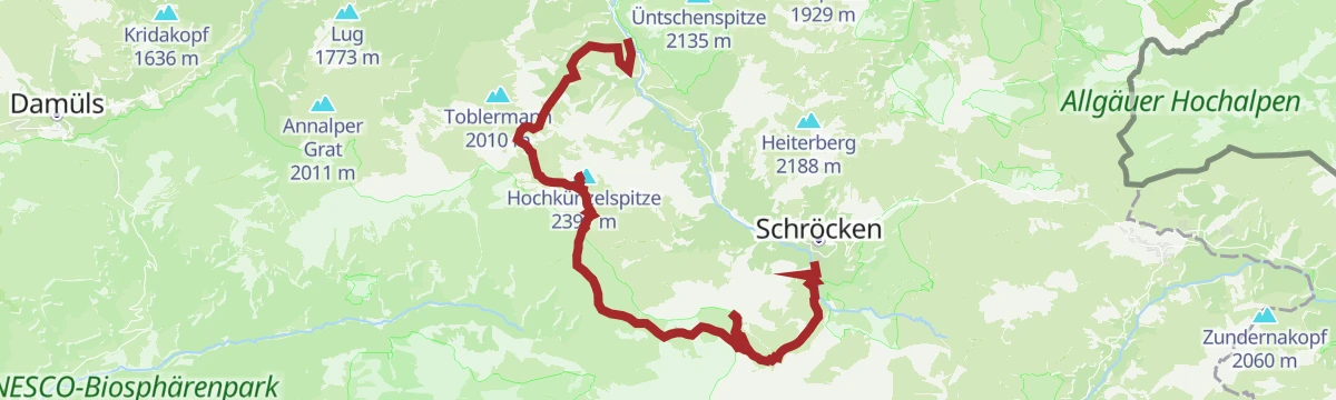 Route map: Warth | Schoppernau | Gipfeltour Hochkünzelspitze und Hochberg mit Übernachtung auf der Biberacher Hütte